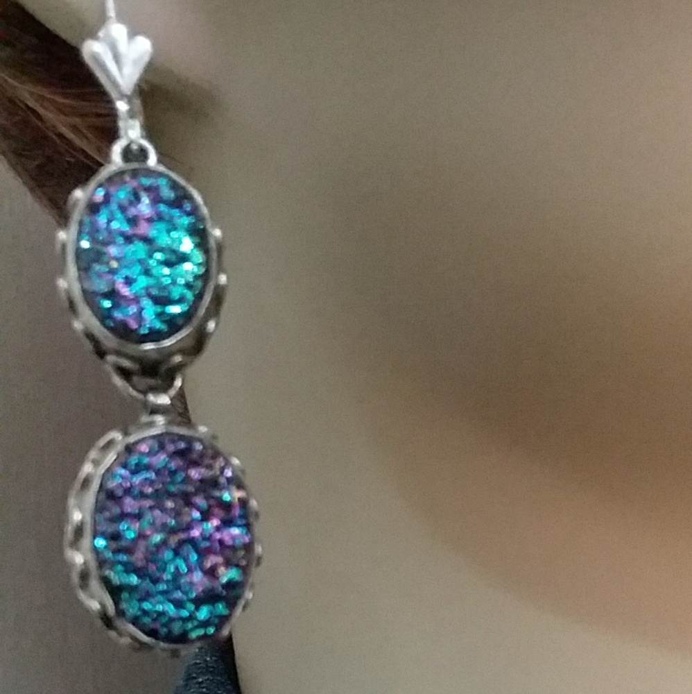Rainbow Druzy Solid Sterling Silver Dangle Earring - image 2
